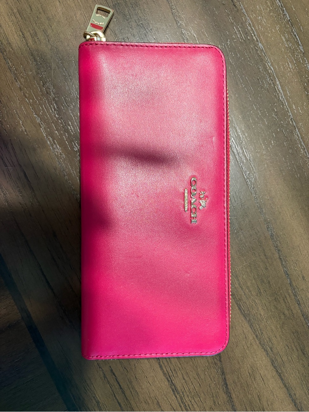 Coach Hot Pink Zip-Around Leather Wallet with Gold Hardware